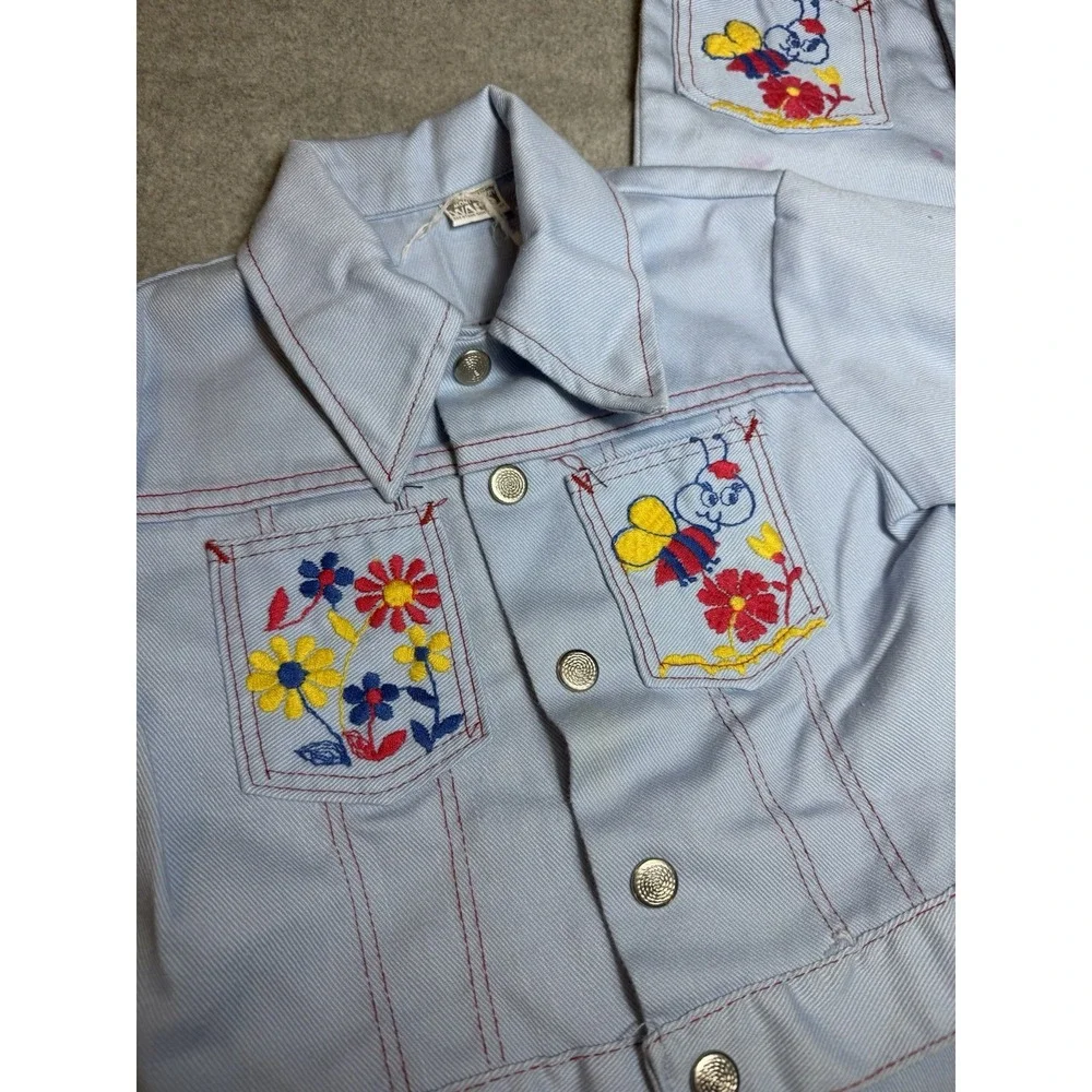Vintage 70's Montgomery Ward Denim Jacket Set Hippie Flare Embroidered 4T-5T